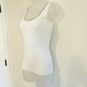 Y2K WhiteTank Sz S Fitted Fairy Ribbed Beaded Lace Embellished Bling